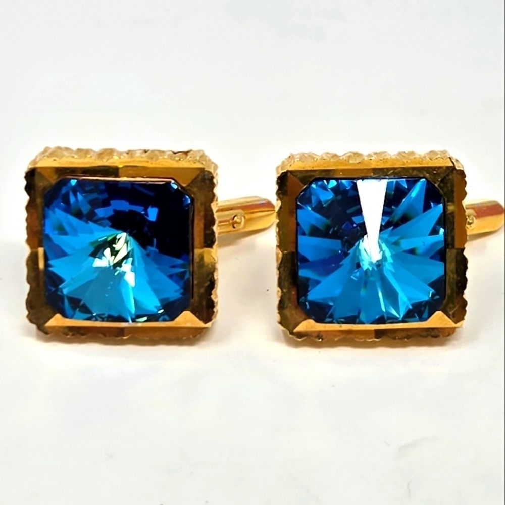 VINTAGE 1960S GOLD TONE BLUE RIVOLI CUFFLINKS MENSWEAR CLASSIC 1" SQUARE MCM